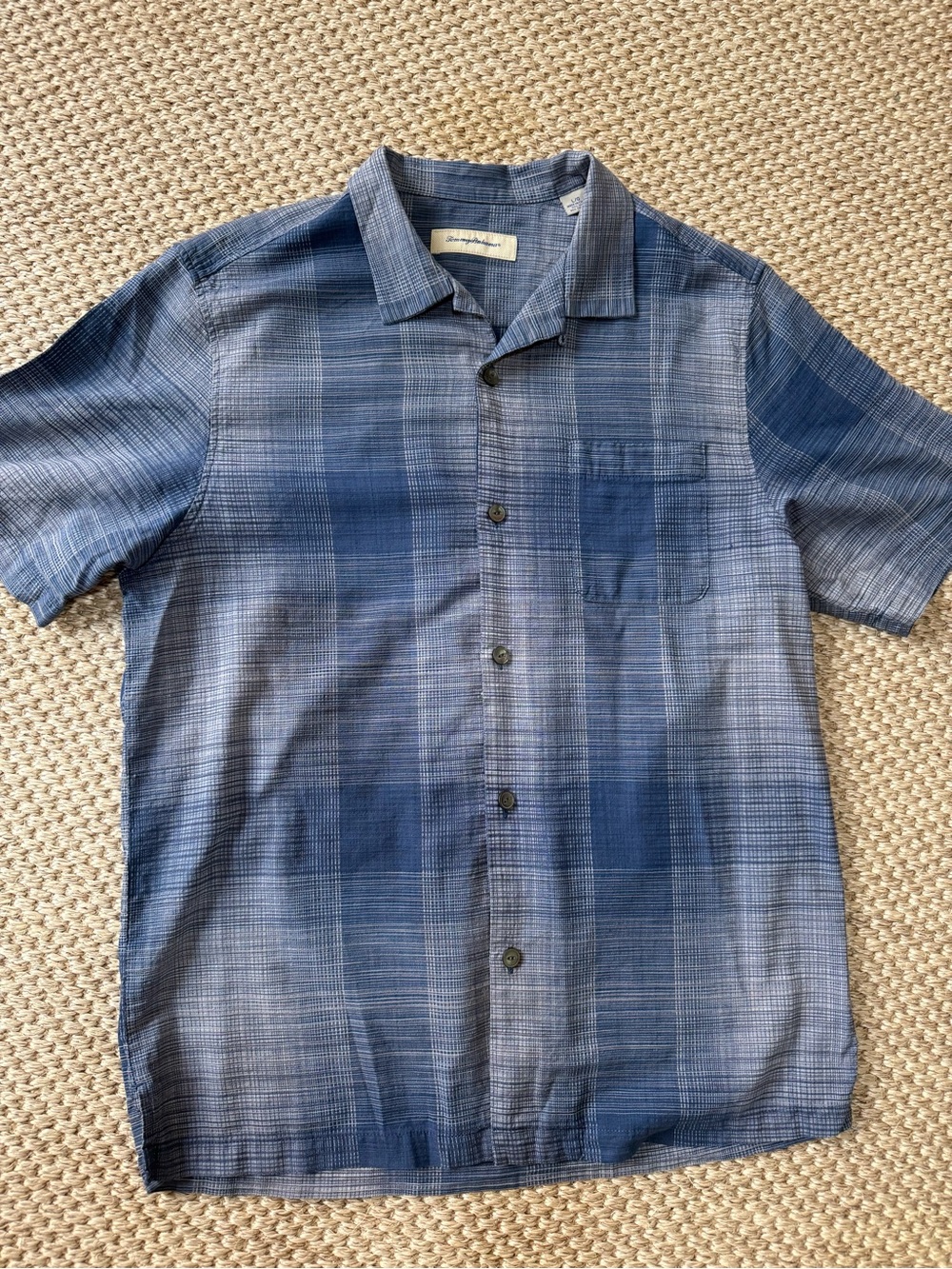 Tommy Bahama Navy and Light Blue Plaid Camp Shirt